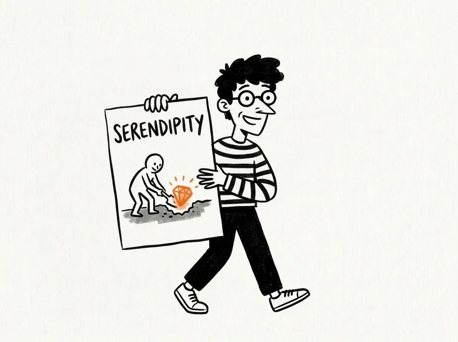 The learner holds up a card reading SERENDIPITY with a drawing of someone digging up a treasure.