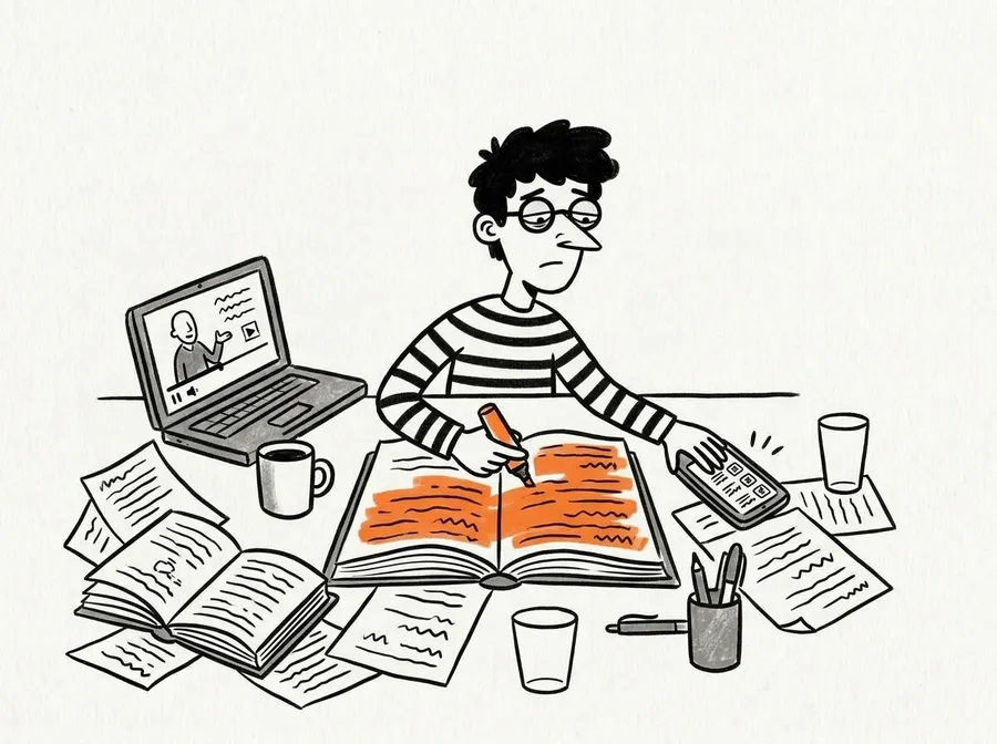 The learner at a desk, tired, highlighting a whole page while a lecture plays and a phone buzzes.