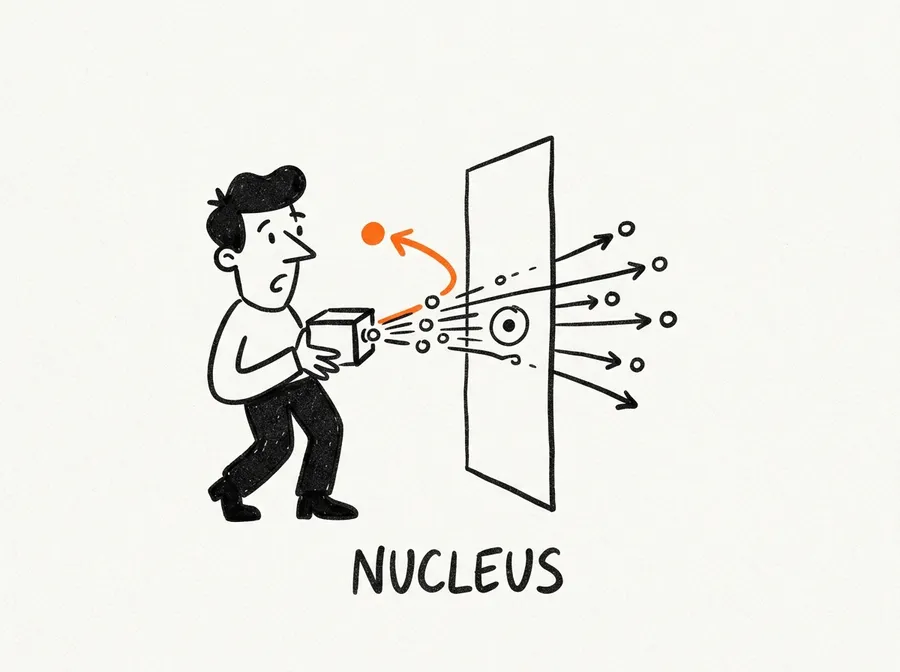 Particles fired at gold foil: almost all pass through, one bounces back off the tiny nucleus.