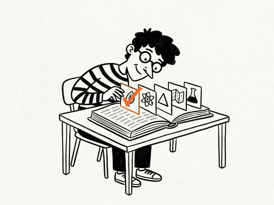 A student at a desk: one page of the textbook is a wall of grey text, the other rises up as small drawn cards, the first one ticked.