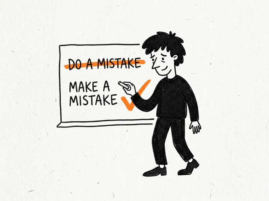 A blackboard: DO A MISTAKE struck out, MAKE A MISTAKE ticked.