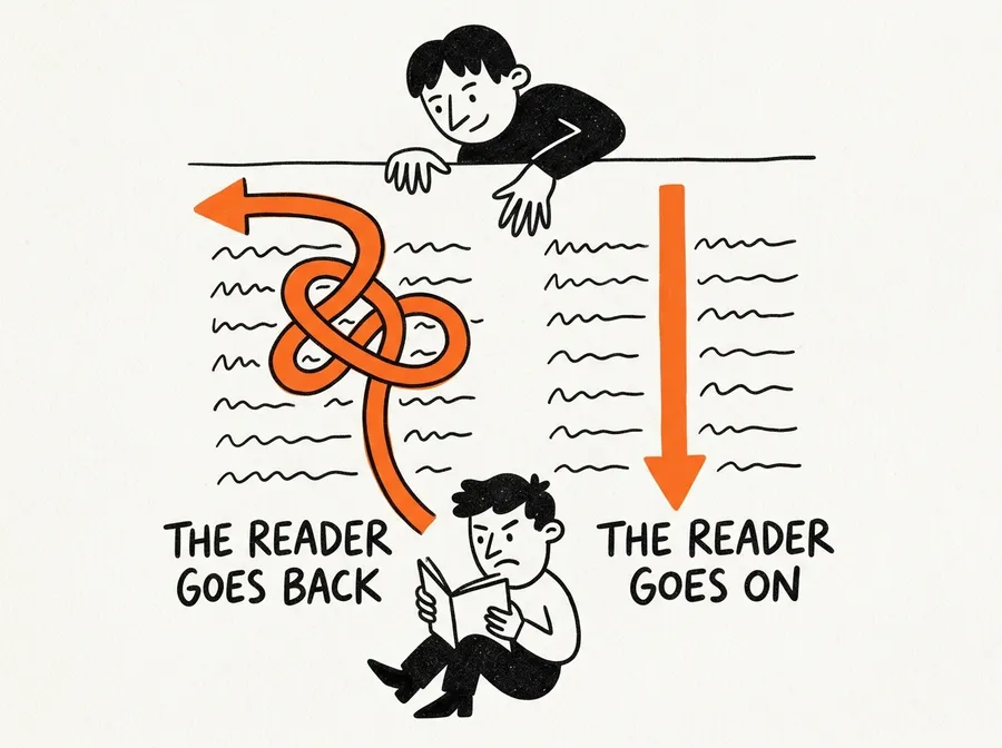 Two paragraphs: over one the reader's arrow doubles back, over the other it runs straight.