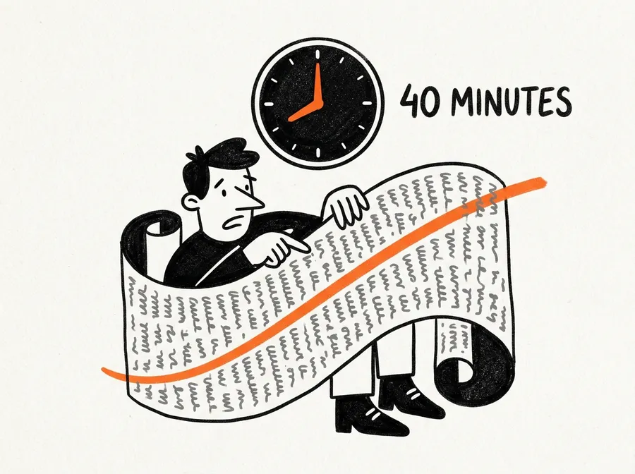 A figure buried in a scroll of text under a clock reading 40 minutes.