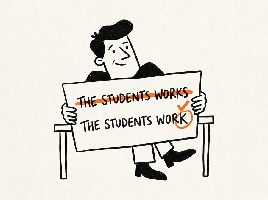 A sheet: THE STUDENTS WORKS struck out, THE STUDENTS WORK ticked.