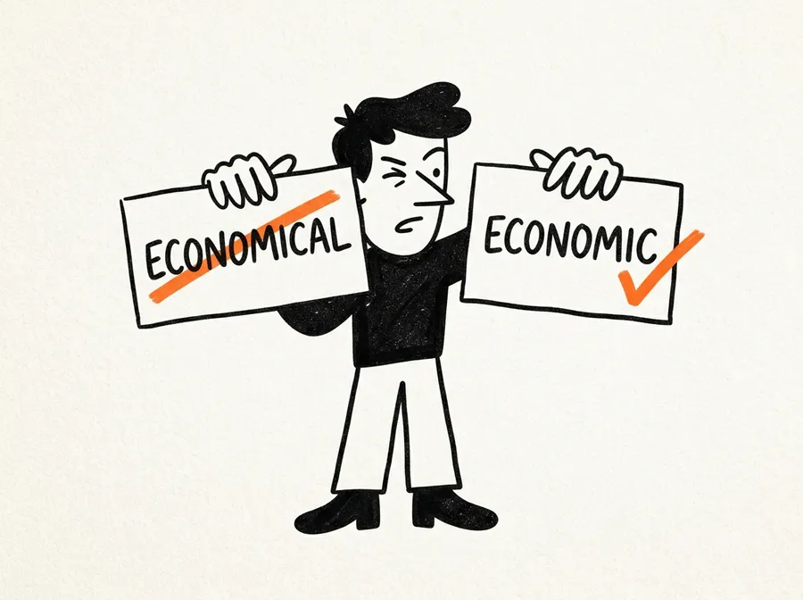 Two cards held up: ECONOMICAL struck out, ECONOMIC ticked.