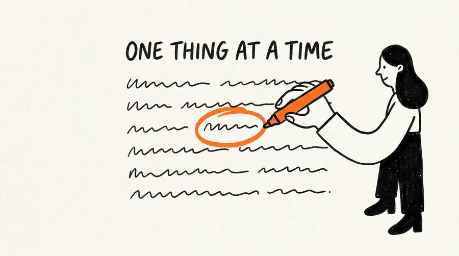 A hand ringing one single word in a page of writing with an orange marker.