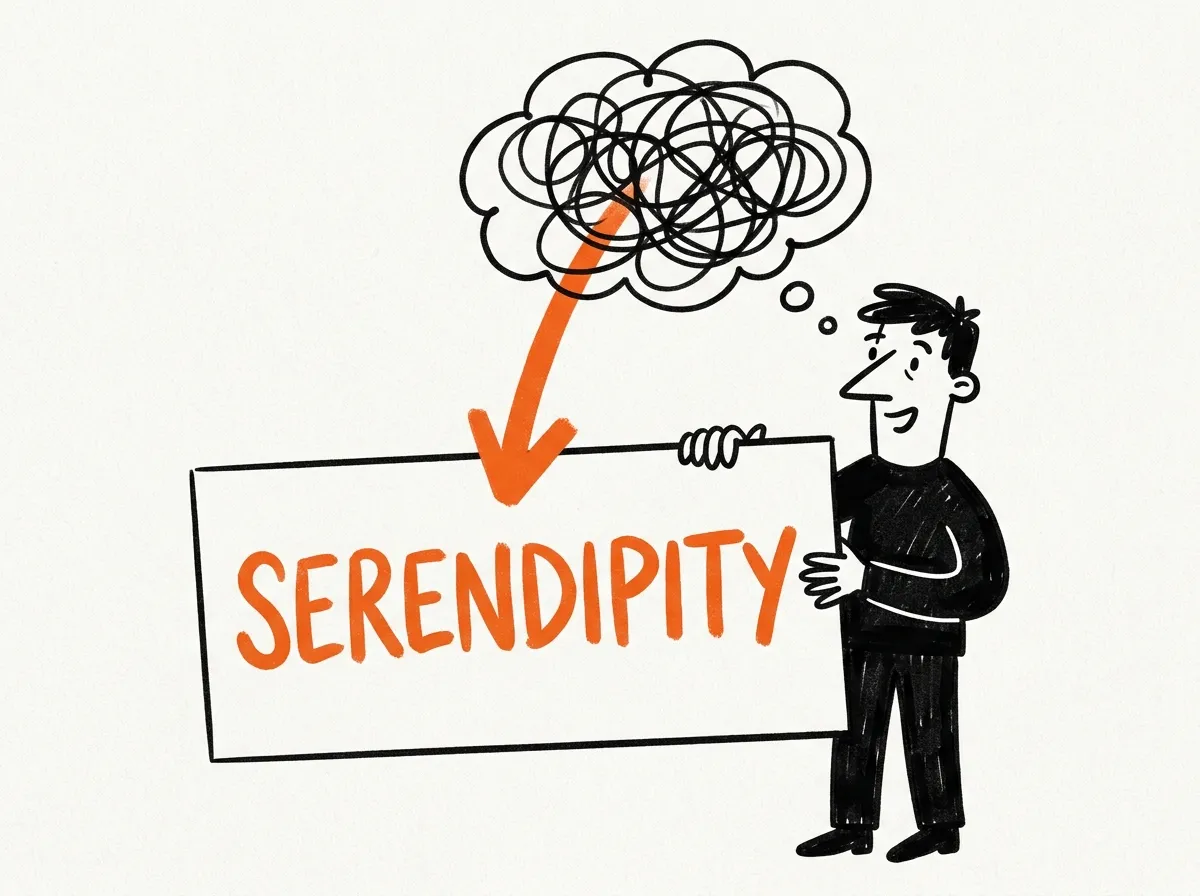 A tangled thought turns into one word on a card: SERENDIPITY.