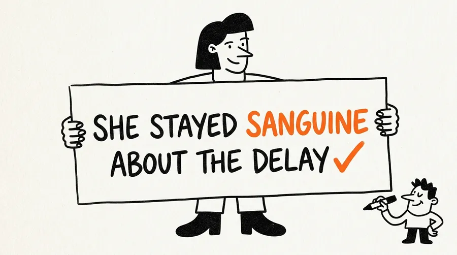 A sign reading SHE STAYED SANGUINE ABOUT THE DELAY, with SANGUINE in orange and a tick.